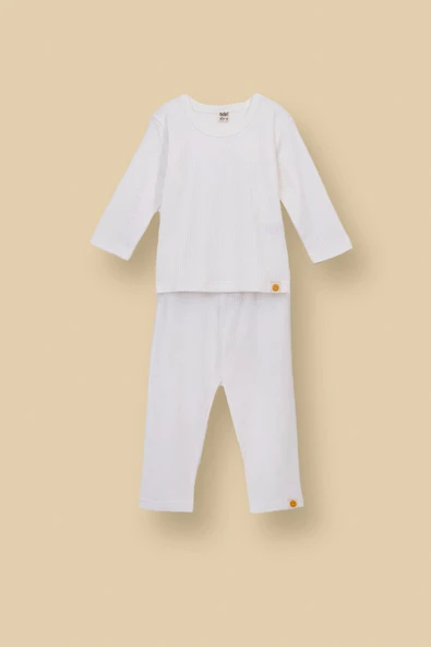 Basic Fitilli İnterlok Kumaş %100 Pamuk 1-5 Yaş Beyaz Bebek Pijama Takımı ürün görseli 1
