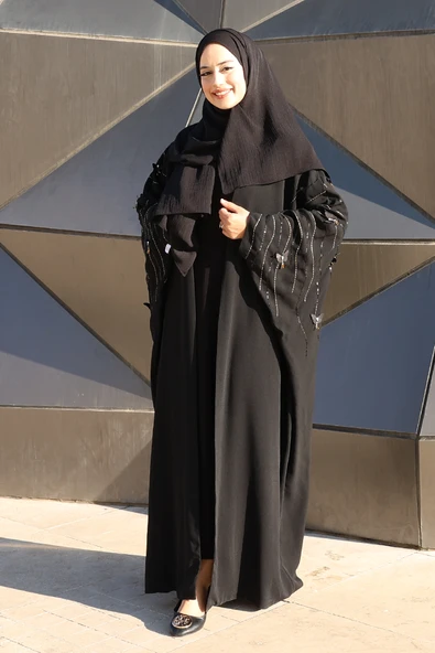 Yarasakol İşleme Detaylı Abaya 70012 Siyah ürün görseli 1