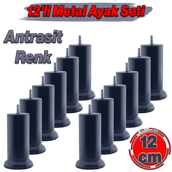 Mobilya Baza Metal 12 cm M8 Ince Diş 12 Adet Antrasit Ayağı Kanepe Koltuk Çekyat Yükseltme Ayakları ürün görseli 1