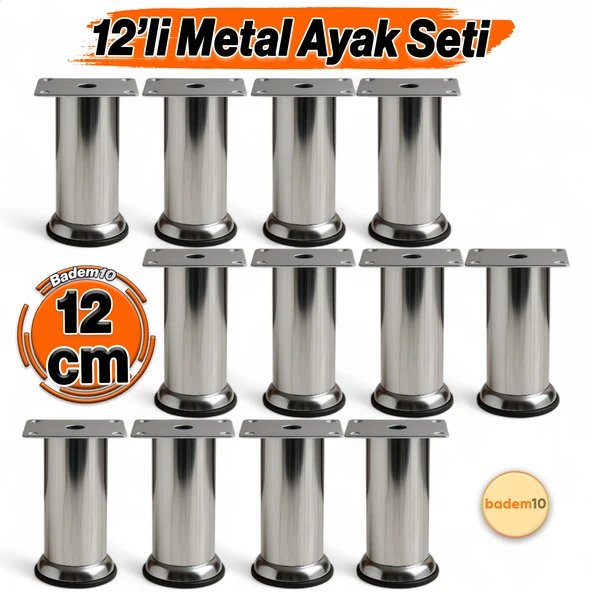 (12 ADET) Baza Mobilya Koltuk Kanepe Yatak Çekyat Destek Yükseltme Ayağı Ayakları Metal Krom 12 cm ürün görseli 1