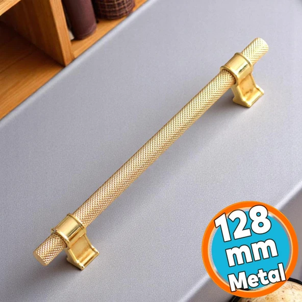 Mobilya Çekmece Mutfak Dolabı Dolap Kulpları Kulbu Altın Gold Metal Kulp 128 mm Tırtıklı Desen ürün görseli 1