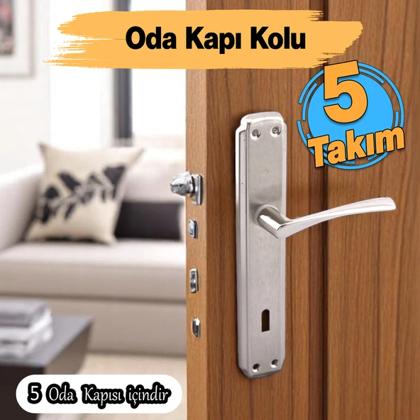 Oda Kapı Kolu (5 Takım) İnox Aynalı Sağa Sola Uygun İç Dış Ahşap Pvc Metal Çelik Kapısı Tutamağı ürün görseli 1