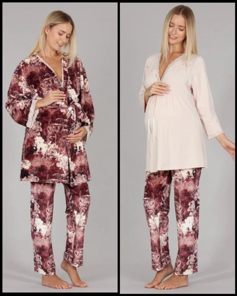 Bone Club 5301 Bej Kadife Lohusa 3 Lü Pijama Sabahlık Tk. ürün görseli 1
