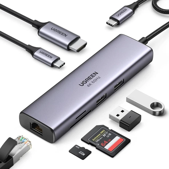 UGREEN 60515 CM512 7 in 1 Type-C to PD 100W HDMI RJ45 USB SD Micro SD Dönüştürücü HUB ürün görseli 1