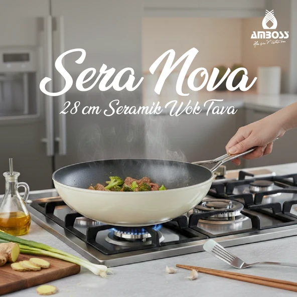 Sera Nova Yanmaz Yapışmaz Seramik Wok Tava 28 cm Beyaz ürün görseli 1