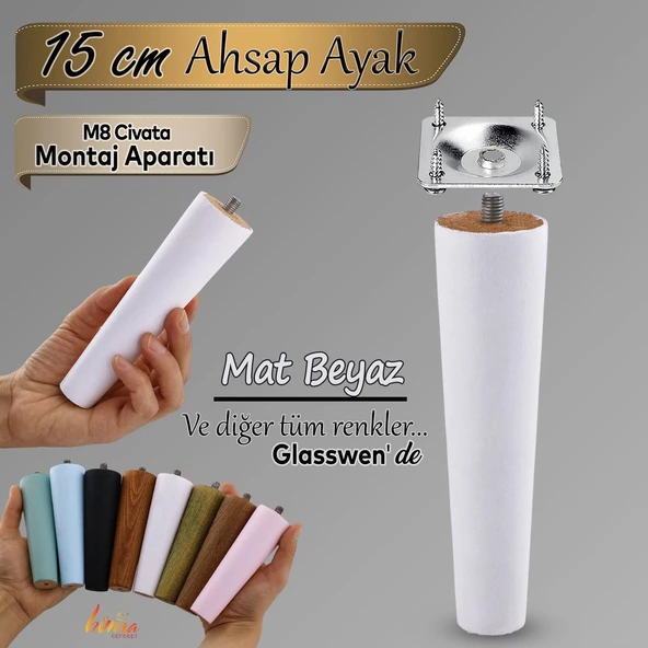 Ahşap Ayak 15 Cm Beyaz M8 Civatalı Bağlantı Aparatlı Dolap Mobilya Koltuk Kanepe Destek Ayağı Ayakları ürün görseli 1