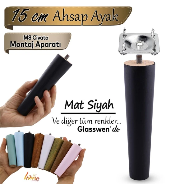 Ahşap Ayak 15 Cm Siyah M8 Civatalı Bağlantı Aparatlı Dolap Mobilya Koltuk Kanepe Destek Ayağı Ayakları ürün görseli 1
