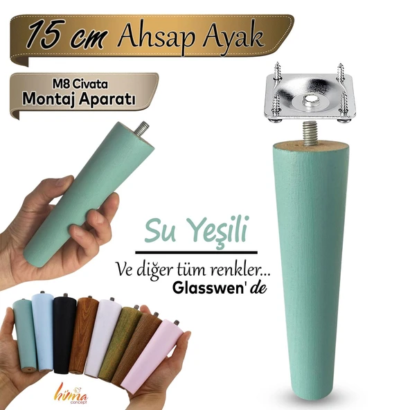 Ahşap Ayak 15 Cm Su Yeşili M8 Civatalı Bağlantı Aparatlı Dolap Mobilya Koltuk Kanepe Destek Ayağı Ayakları ürün görseli 1