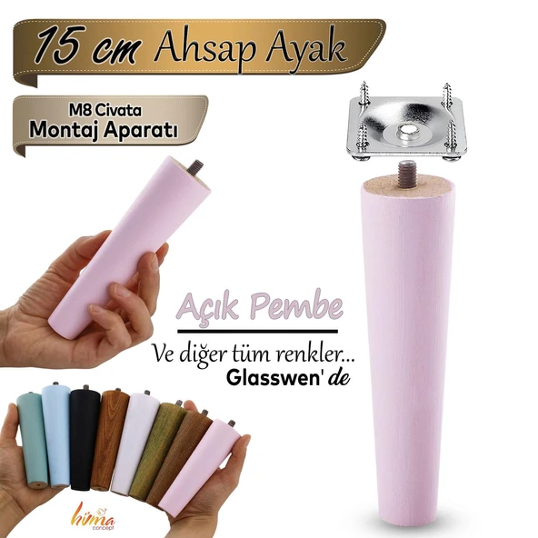 Ahşap Ayak 15 Cm Açık Pembe M8 Civatalı Bağlantı Aparatlı Dolap Mobilya Koltuk Kanepe Destek Ayağı Ayakları ürün görseli 1