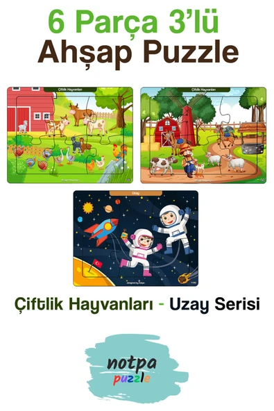 kutuTR Notpa Kaşif Çocuklar Çiftlik Hayvanları Uzay Serisi Puzzle Seti 6 Parça 13x17 Renkli 3'lü Set 3x-303 ürün görseli 1