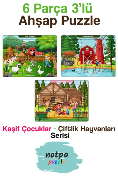 kutuTR Notpa Kaşif Çocuklar Çiftlik Hayvanları Puzzle Seti 6 Parça 13x17 Renkli 3'lü Set 3x-301 ürün görseli 1
