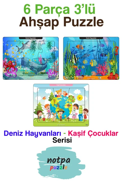 kutuTR Notpa Kaşif Çocuklar Deniz Hayvanları Puzzle Seti 6 Parça 13x17 Renkli 3'lü Set 3x-302 ürün görseli 1