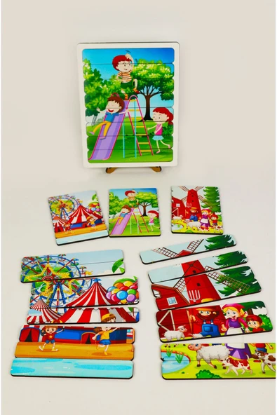 kutuTR Ahşap Çubuk Puzzle, 3lü Set Puzzle, Lunapark Puzzle, Montesorri Puzzle ÇB301 ürün görseli 1
