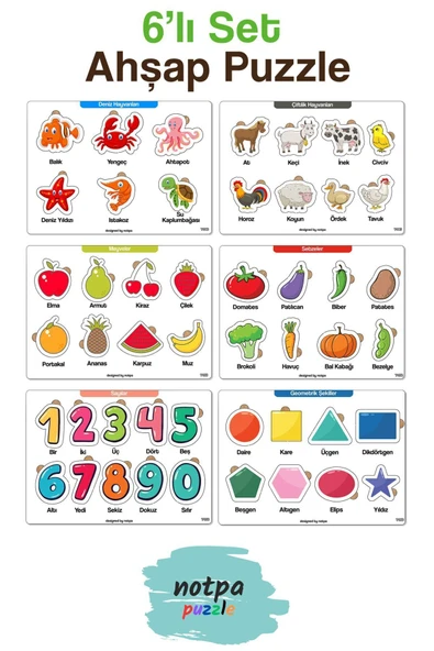 kutuTR 6'lı Mega Puzzle Set Eğitici Öğretici Ahşap Yapboz Sayılar Şekiller Meyveler Hayvanlar Sebzeler ürün görseli 1