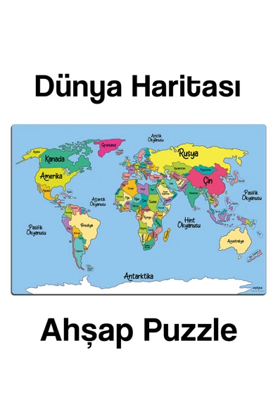 kutuTR Notpa Ahşap Renkli Dünya Haritası Puzzle 5 Yaş Ve Yetişkinler Için Yapboz 30x44 cm ürün görseli 1