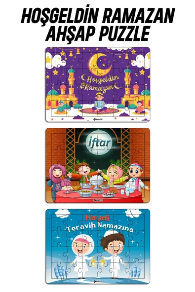 kutuTR Çocuklar Için Eğitici Ve Öğretici Ahşap 24 Parça Renkli Puzzle 3lü Set 8 - Ramazan Ayı Serisi ürün görseli 1
