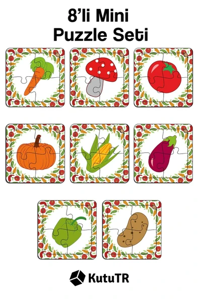 kutuTR Çocuklar Için Eğitici Ve Öğretici Ahşap 8 Li 4 Parçalı Sebzeler Mini Puzzle Set 8'li ürün görseli 1