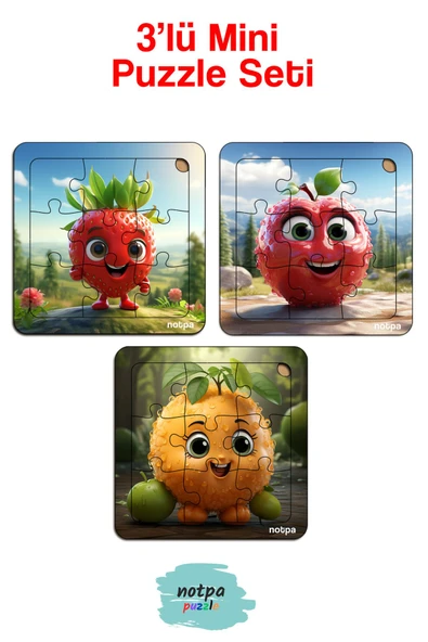 kutuTR Çocuklar İçin  Sevimli Meyveler Ahşap Renkli Yapboz 13x13 Ebadında Puzzle 9 Parça 3'lü Set 312 ürün görseli 1