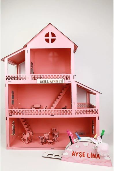 kutuTR Led Işık Hediyeli Ahşap Bebek Oyun Evi (Cetvelli Kalemlik Hediyeli) ürün görseli 1