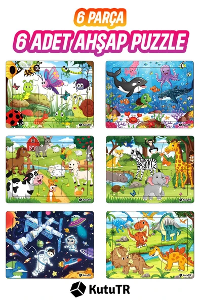 kutuTR Çocuklar Için Eğitici Ve Öğretici Ahşap 6 Parça 13x17 Renkli Puzzle 6'lı Set-608 ürün görseli 1