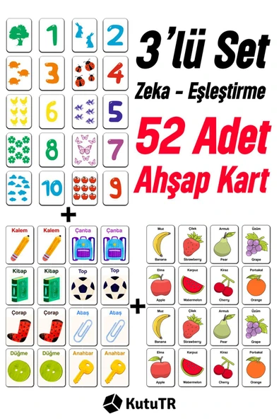 kutuTR 52  Parça Hafıza ve Zeka Kartları Eşleştirme Oyunu Ahşap Eğitici Puzzle Oyuncak 3'lü Set ürün görseli 1