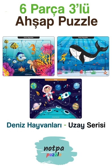 kutuTR Notpa Kaşif Çocuklar Deniz Hayvanları Uzay Serisi Puzzle Seti 6 Parça 13x17 Renkli 3'lü Set 3x-304 ürün görseli 1