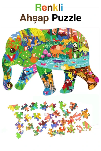kutuTR Notpa Ahşap Renkli Hayvanlar Serisi Fil Figürlü Puzzle 5 Yaş Ve Yetişkinler Için Yapboz 40x30cm ürün görseli 1