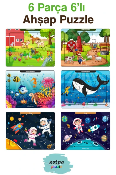 kutuTR Çocuklar Için Eğitici Ve Öğretici Ahşap 6 Parça 13x17 Renkli Puzzle 6'lı Set-602 ürün görseli 1