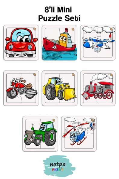kutuTR Notpa Çocuklar Için Eğitici Ve Öğretici Ahşap 8 Li 4 Parçalı Taşıtlar Mini Puzzle Set 8'li Set 1 ürün görseli 1