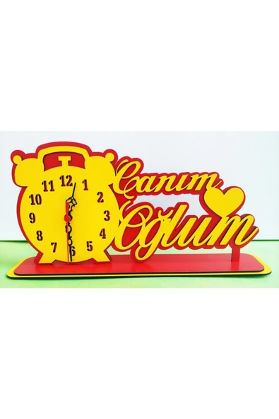 Notpa Canım Oğlum Ahşap Masaüstü Kalpli Saat Sarı-kırmızı ürün görseli 1