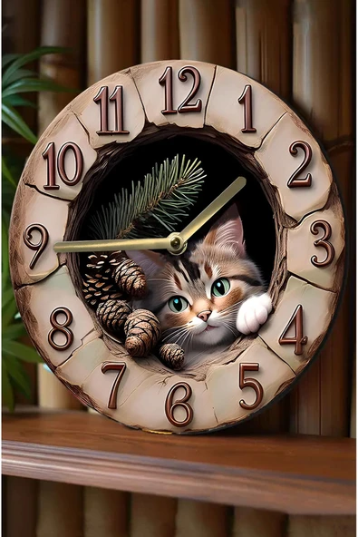 kutuTR Sessiz Yuvarlak Ahşap Duvar Saati, Kuvars Hareketli 2d Kedi Desen Sdw007 ürün görseli 1