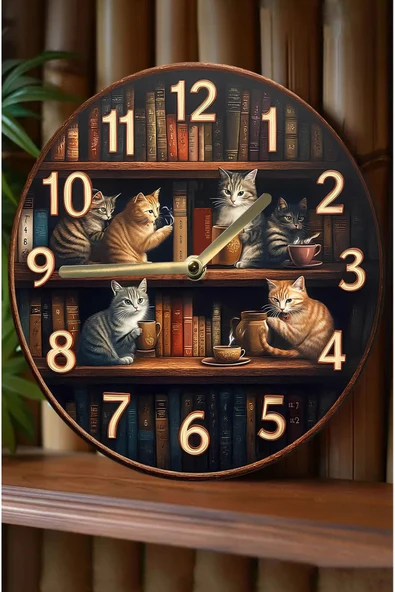 kutuTR Sessiz Yuvarlak Ahşap Duvar Saati, Kuvars Hareketli 2d Kedi Desen Sdw018 ürün görseli 1
