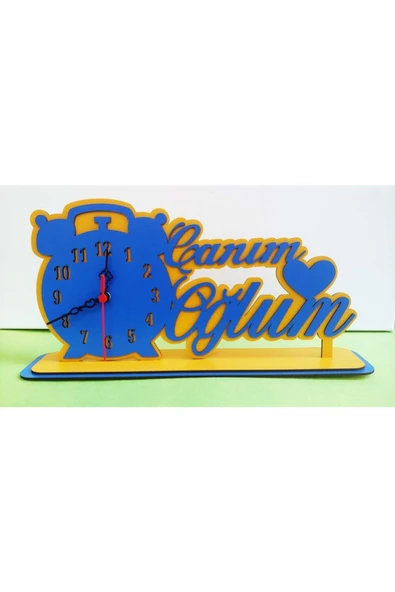 Notpa Canım Oğlum Ahşap Masaüstü Kalpli Saat Sarı-mavi ürün görseli 1