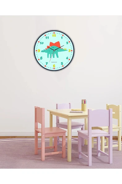 kutuTR Notpa Aksesuar Dinozor Çocuk Dekoratif Ahşap Duvar Saati 33x33 Camsız ürün görseli 1