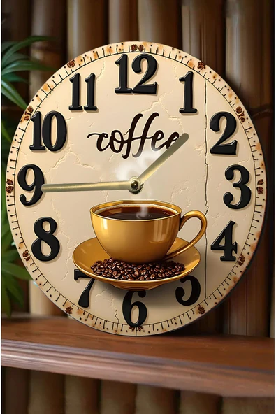 kutuTR Sessiz Yuvarlak Ahşap Duvar Saati, Kuvars Coffe Desen 2d Sdw028 ürün görseli 1