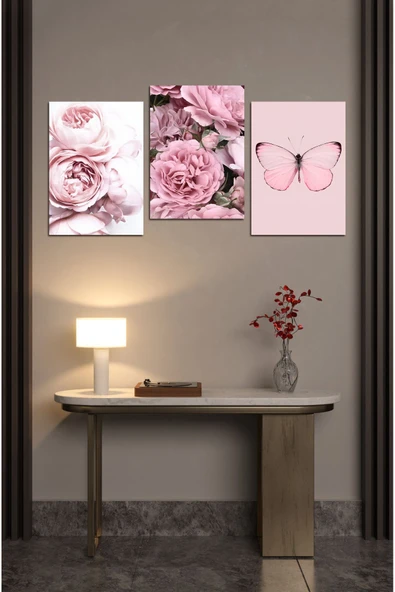 kutuTR Dekorize Mdf 3 Parça Çerçeve Görünümlü Güller Ve Kelebek 21x30 ürün görseli 1