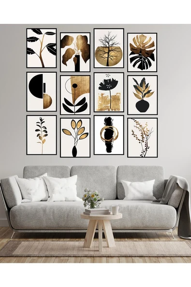 kutuTR Dekorize Mdf Tablo Seti 12 Parça 3 Mm - Altın Yaprak Salon Oturma Odası Için Duvar Dekoru ürün görseli 1