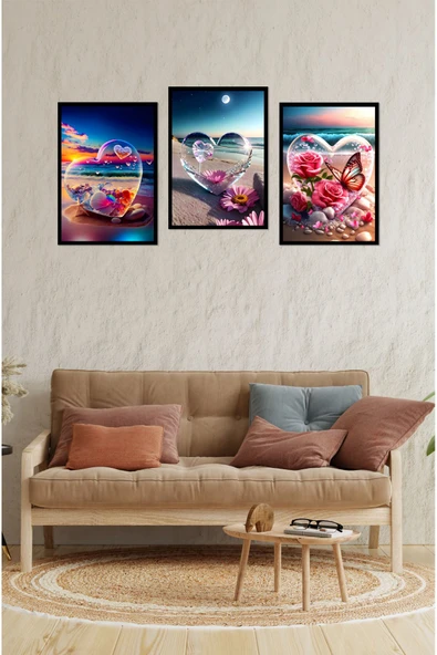 kutuTR Notpa Düşler Sahili 3'lü Dekoratif Tablo Seti 21x30 Kalp ürün görseli 1