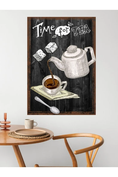Notpa Time For Tea Siyah Çerçeve Görünümlü Ahşap Duvar Tablosu A4 - Çay Zamanı ürün görseli 1