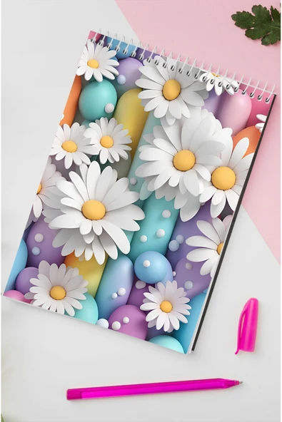 kutuTR Papatya Desenli Ahşap Mdf Kapaklı 80 Yaprak Çizgili 14x21 Vip Bloknot 70gr/m2 Ç-OB04 ürün görseli 1
