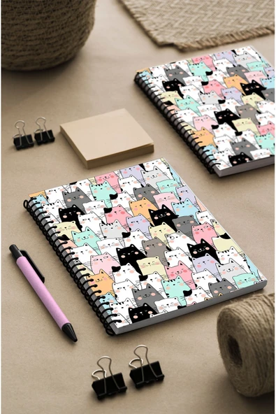 kutuTR Kediler Ahşap Mdf Kapaklı 100 Yaprak Çizgili 15x21 Vip Modelist Defter 80gr/m2 Ç509 ürün görseli 1