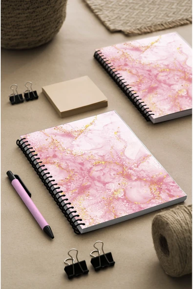 kutuTR Pembe Mermer Desenli Ahşap Mdf Kapaklı 100 Yaprak Çizgili 15x21 Vip Modelist Defter 80gr/m2 Ç515 ürün görseli 1