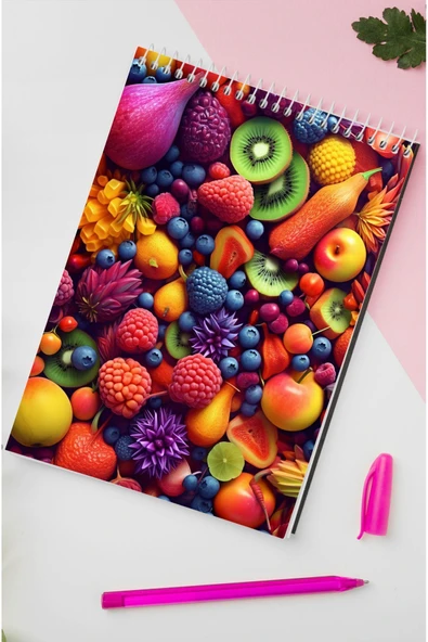 kutuTR Meyveler Desenli Ahşap Mdf Kapaklı 80 Yaprak Çizgili 14x21 Vip Bloknot 70gr/m2 Ç-OB07 ürün görseli 1