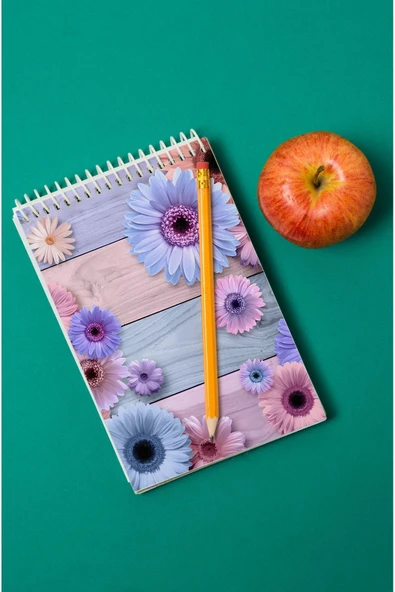 kutuTR MAvi ve Pembe Çiçek Desenli Ahşap Mdf Kapaklı 80 Yaprak Çizgili 14x21 Vip Bloknot 70gr/m2 Ç-OB03 ürün görseli 1
