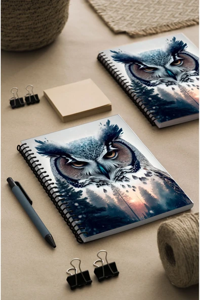 kutuTR Baykuş Desen Ahşap Mdf Kapaklı 100 Yaprak Çizgili 14x21 Vip Modelist  Defter 80gr/m2 Ç521 ürün görseli 1