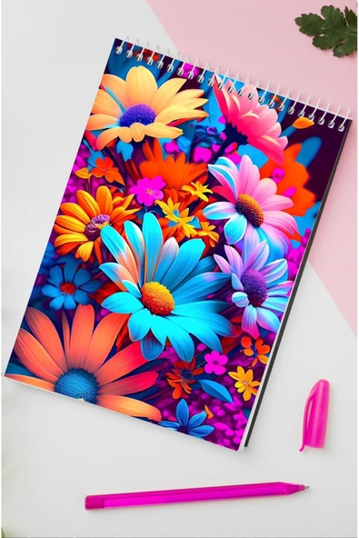 kutuTR Çiçekler Desenli Ahşap Mdf Kapaklı 80 Yaprak Çizgili 14x21 Vip Bloknot 70gr/m2 Ç-OB06 ürün görseli 1
