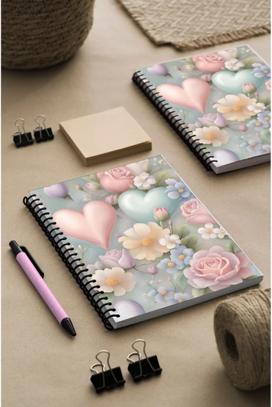 kutuTR Kalp ve Gül Ahşap Mdf Kapaklı 100 Yaprak Çizgili 14x21 Vip Modelist  Defter 80gr/m2 Ç505 ürün görseli 1