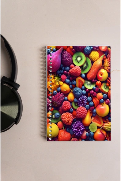 kutuTR Meyveler Desenli Ahşap Mdf Kapaklı 80 Yaprak Çizgili 10x14 Vip Modelist Defter 80gr/m2 A607 ürün görseli 1