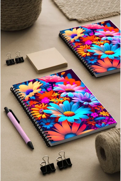 kutuTR Çiçekler Desen Ahşap Mdf Kapaklı 100 Yaprak Çizgili 15x21 Vip Modelist Defter 80gr/m2 Ç506 ürün görseli 1