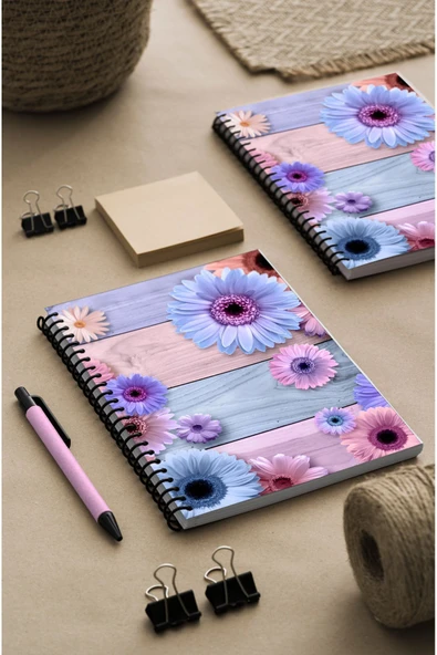 kutuTR Mavi Pembe Çiçek Desen Ahşap Mdf Kapaklı 100 Yaprak Çizgili 15x21 Vip Modelist Defter 80gr/m2 Ç503 ürün görseli 1